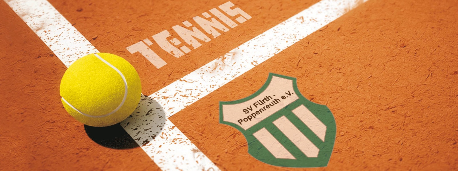 Das Bild zeigt einen Tennisball auf einem Aschenplatz und das Vereinslogo des SV Poppenreuth
